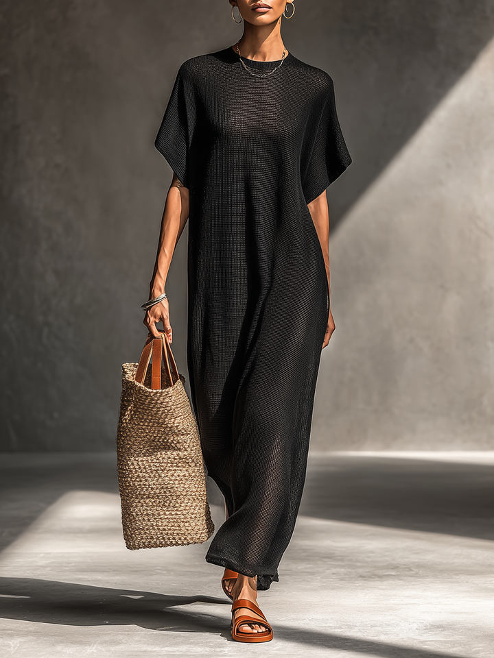 Sheer Knit Maxi Dress for Women Short Sleeve Minimalist