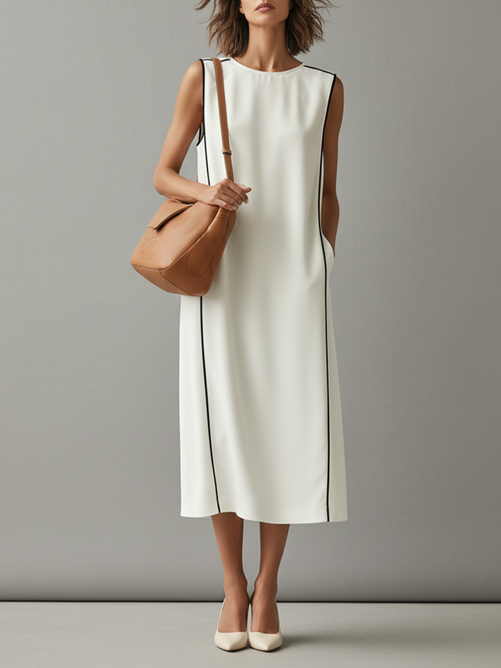 White Cotton Midi Dress with Contrast Piping and Pockets
