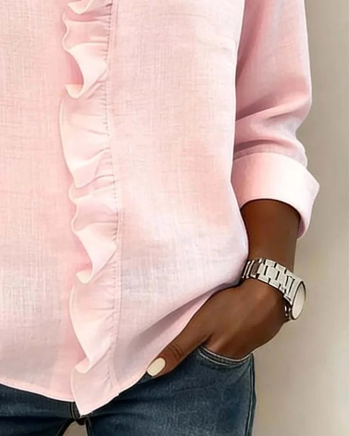 Ruffled V-Neck Blouse with Long Sleeves for Women