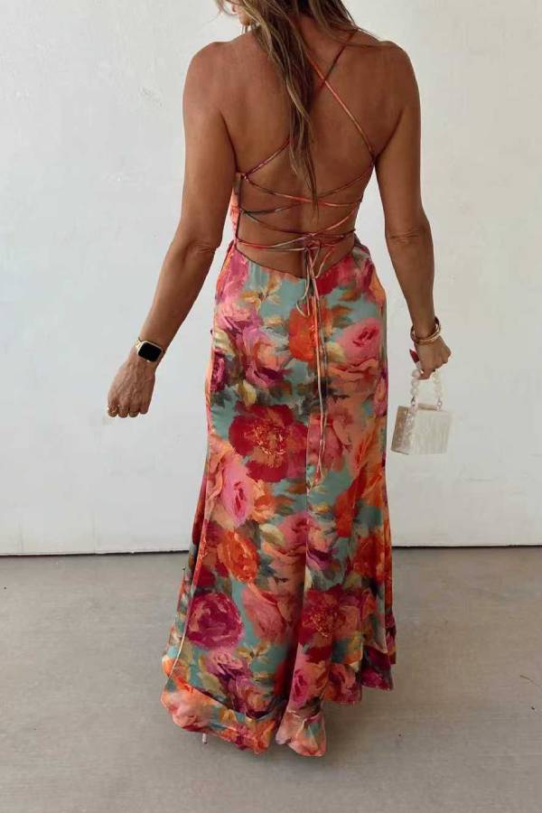 Floral Satin Maxi Dress with Backless Detail for Women