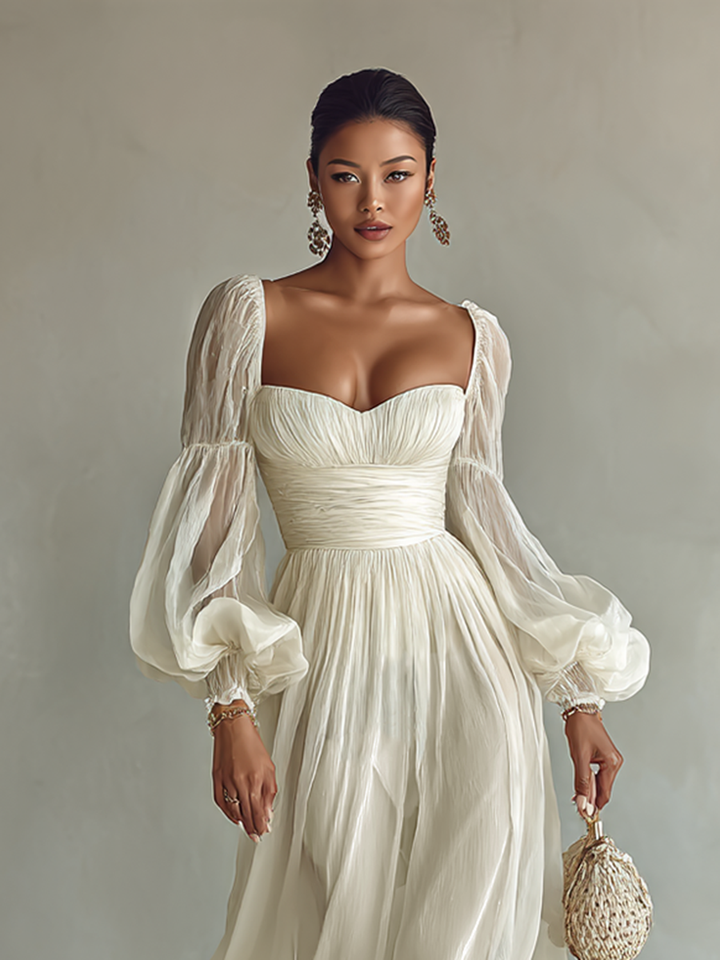 Chiffon Maxi Dress with Long Sleeves and Square Neckline