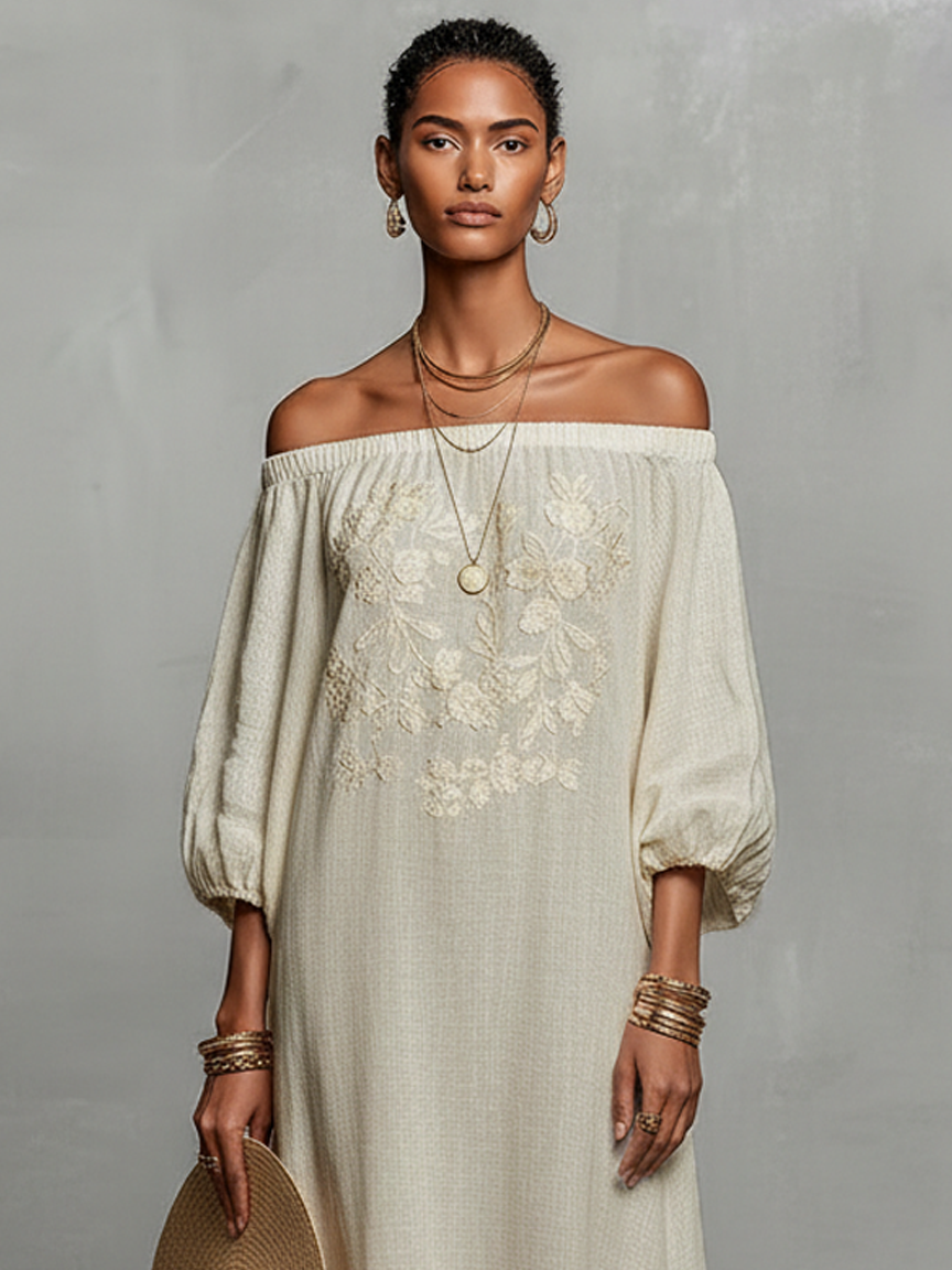 Off Shoulder Maxi Dress with Embroidery and Three Quarter Sleeves