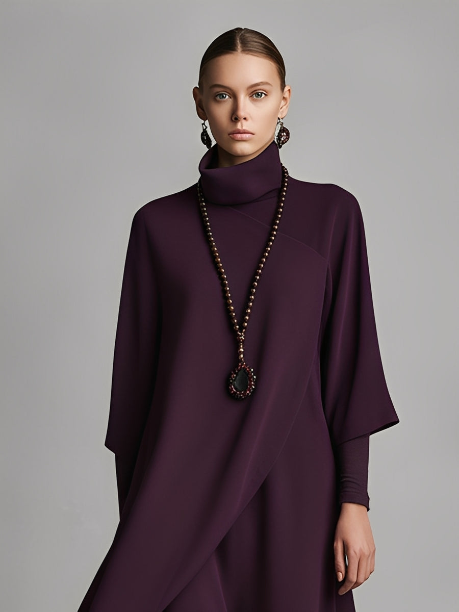 Maxi Dress with Turtleneck - Plum Embroidered Jersey