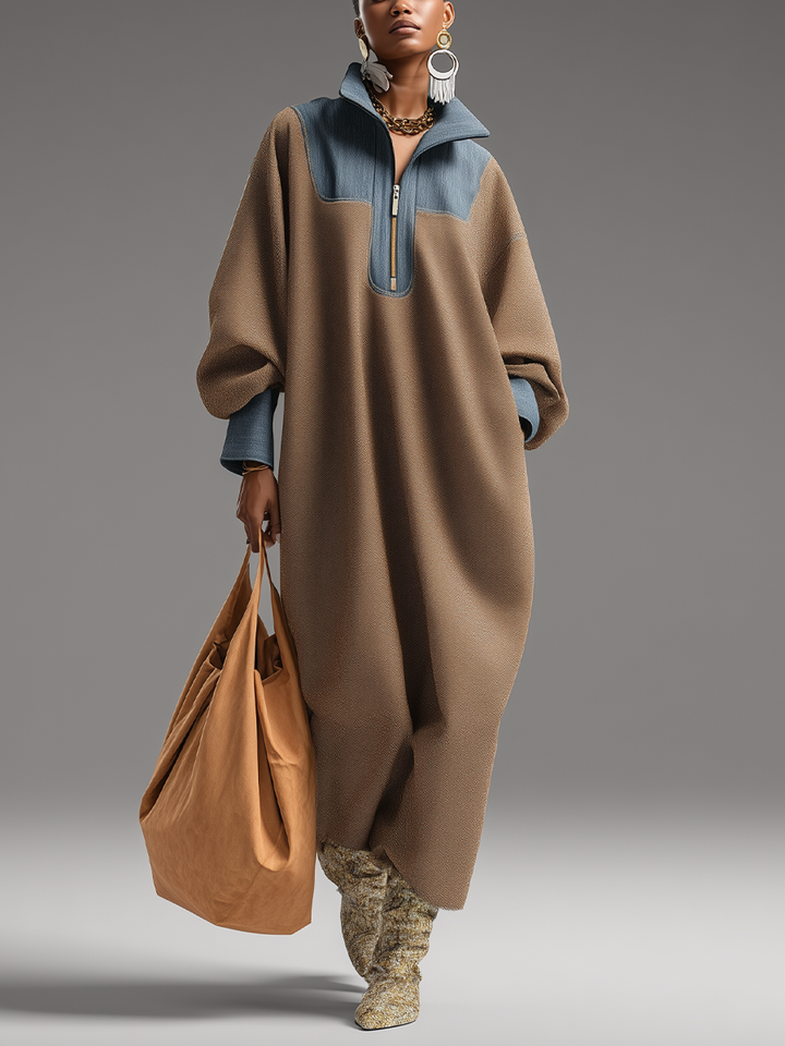 Color Block Maxi Dress with Stand Collar - Loose Fit Long Sleeve
