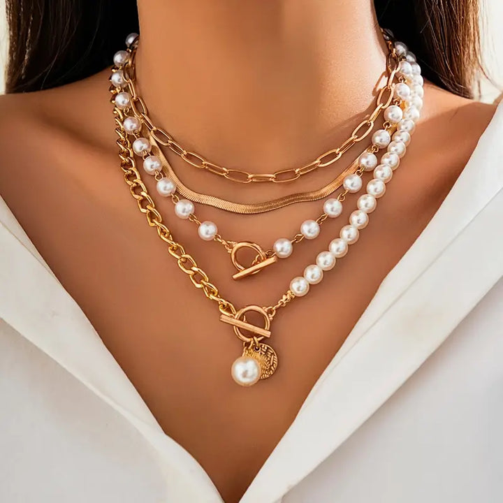 Pearl Snake Chain Necklace Set | Vintage Gold Layered Necklace