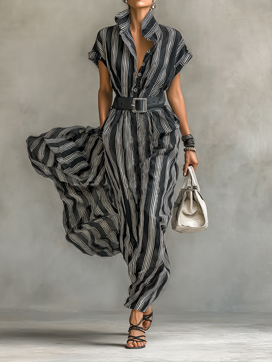 Striped Maxi Dress with Collar and Short Sleeves