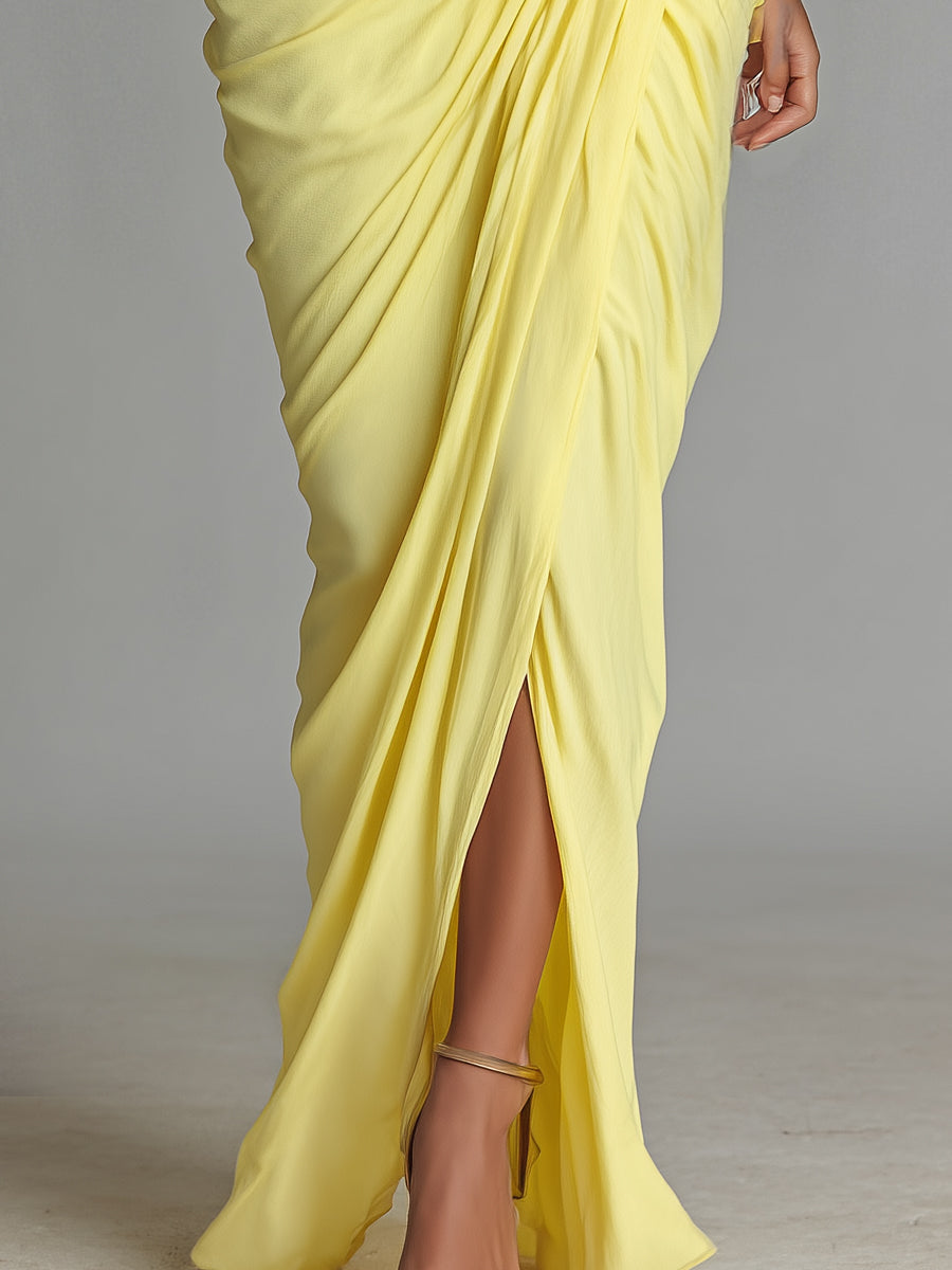 Yellow Maxi Dress for Women - Flowy V-Neck Long Sleeve
