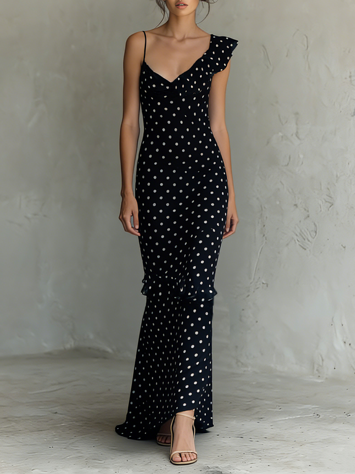 Polka Dot Maxi Dress Chiffon Sleeveless V-Neck Summer Dress