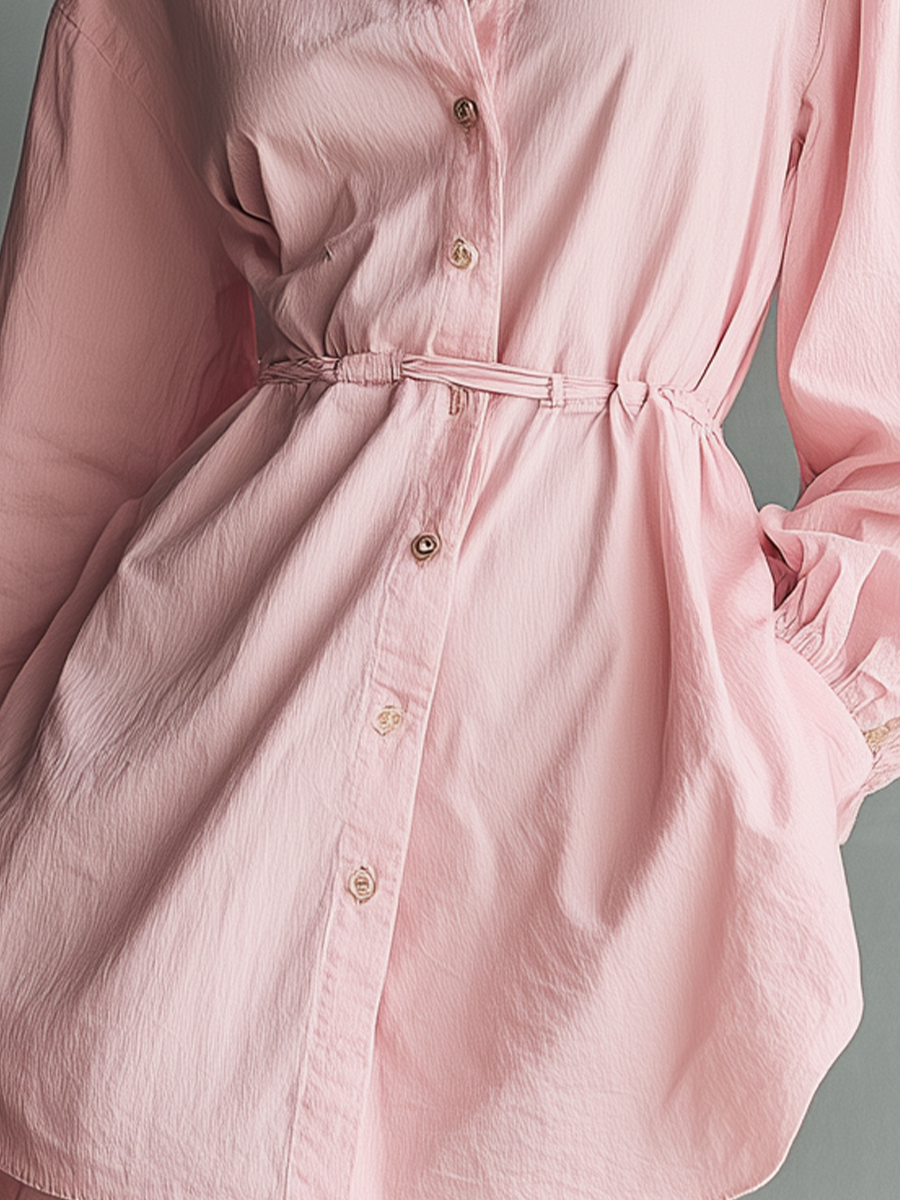 Pink Linen Mini Dress with Balloon Sleeves and Collar