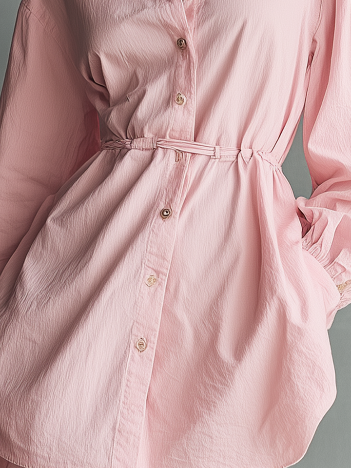 Pink Linen Mini Dress with Balloon Sleeves and Collar