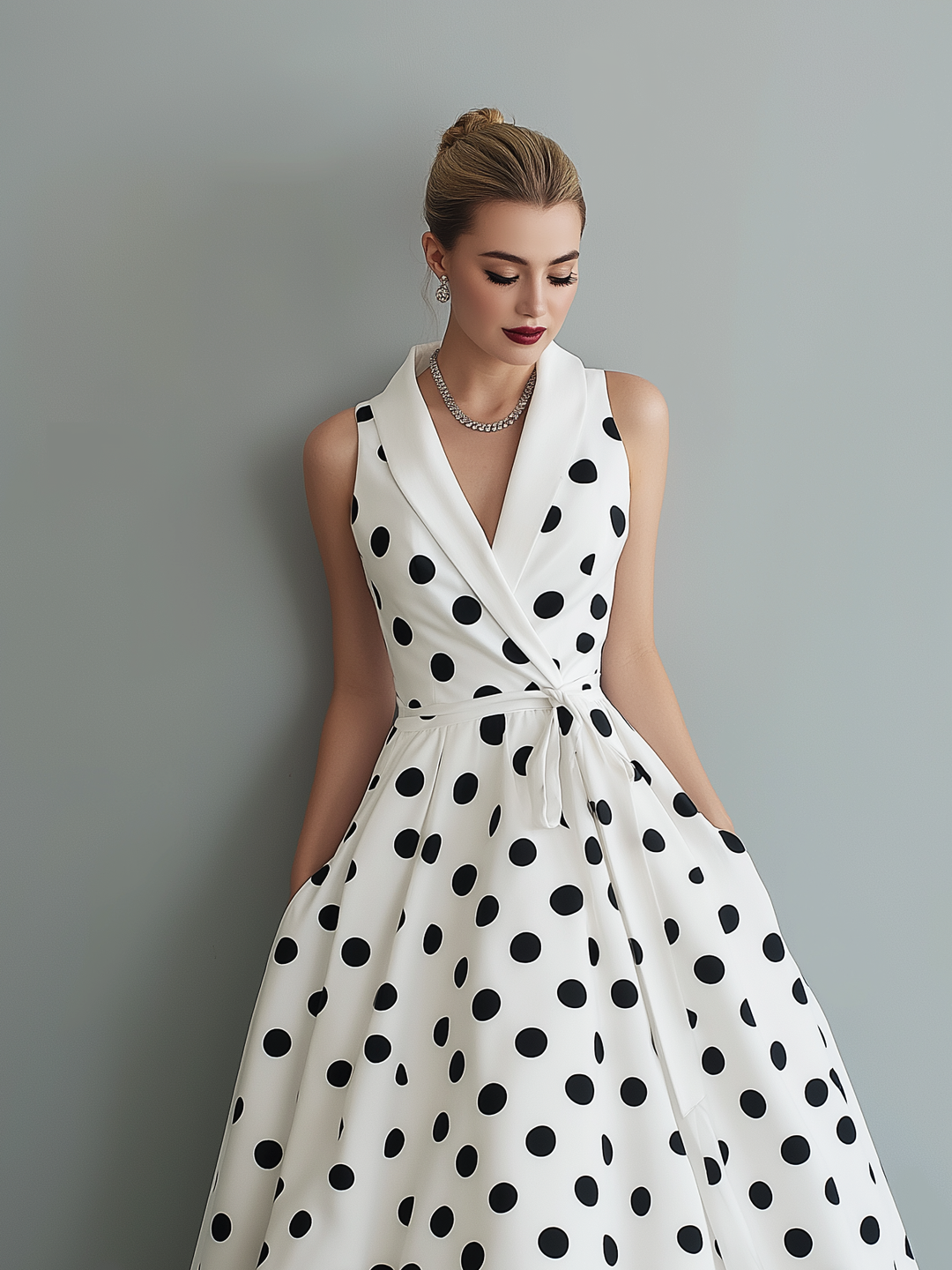 Polka Dot Midi Dress - Sleeveless Collared Work Dress