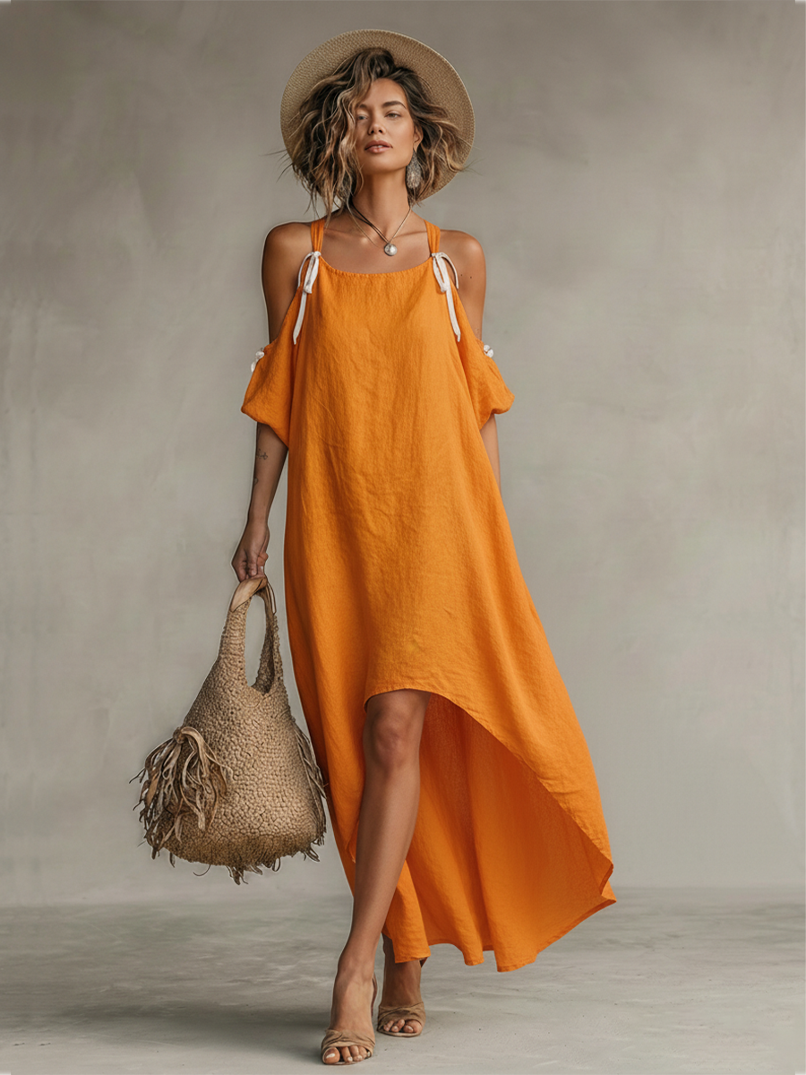 Linen Dress for Women Tangerine Cold Shoulder High Low Hem