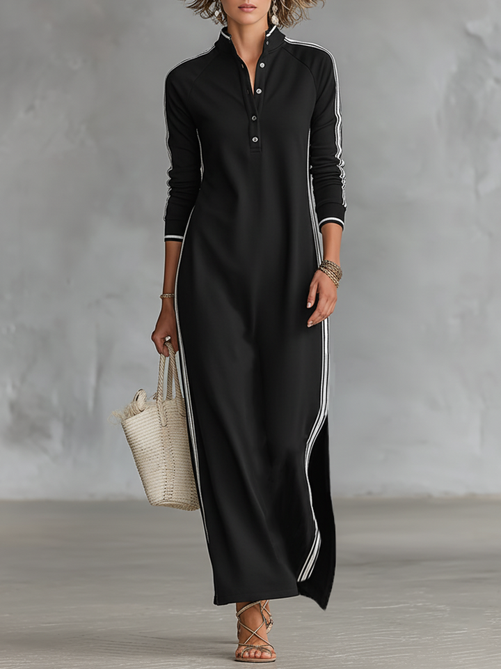 Minimalist Maxi Sweatshirt Dress with Collar and White Trim