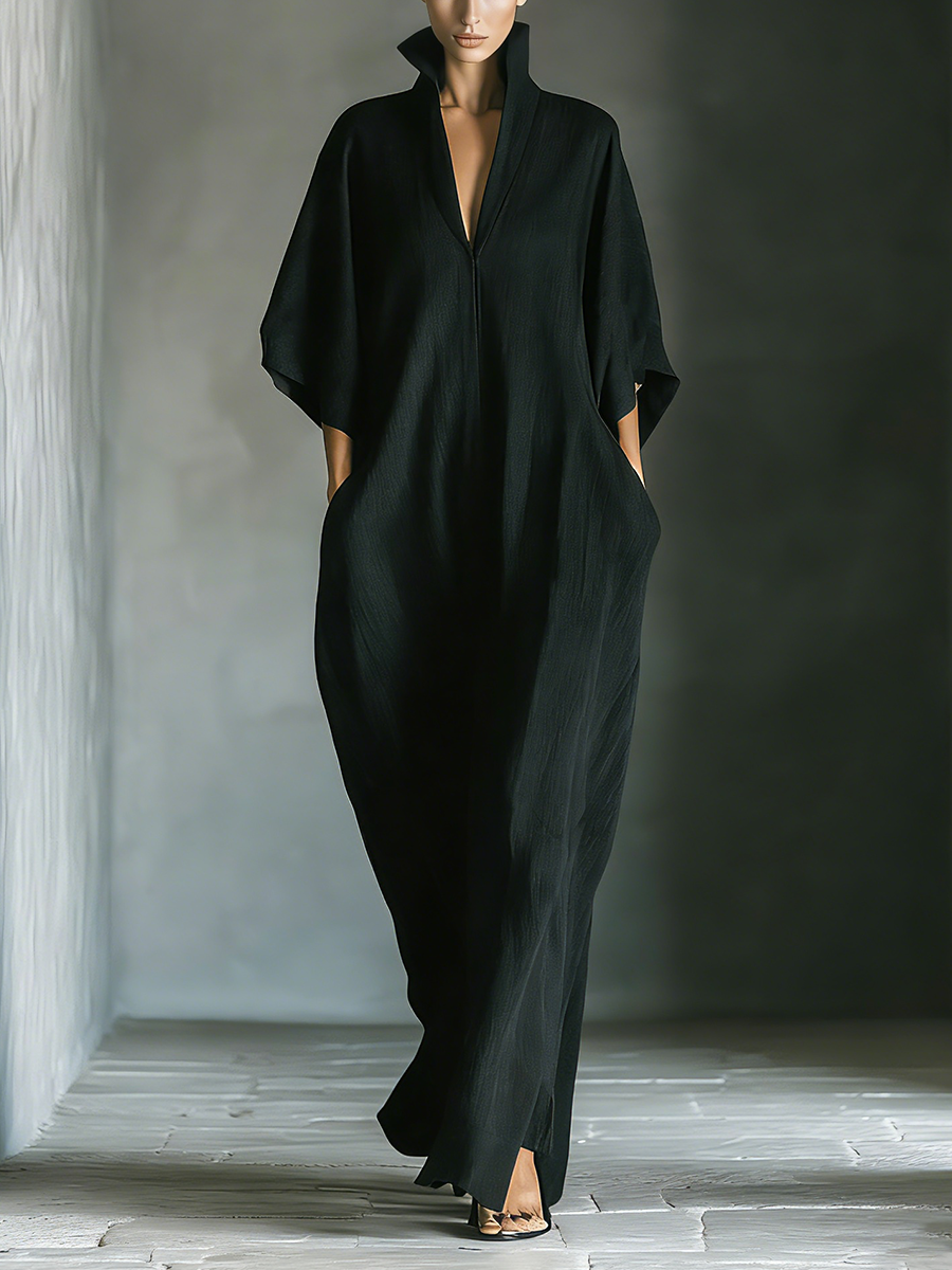 Black Maxi Dress with Pockets and Kimono Sleeves
