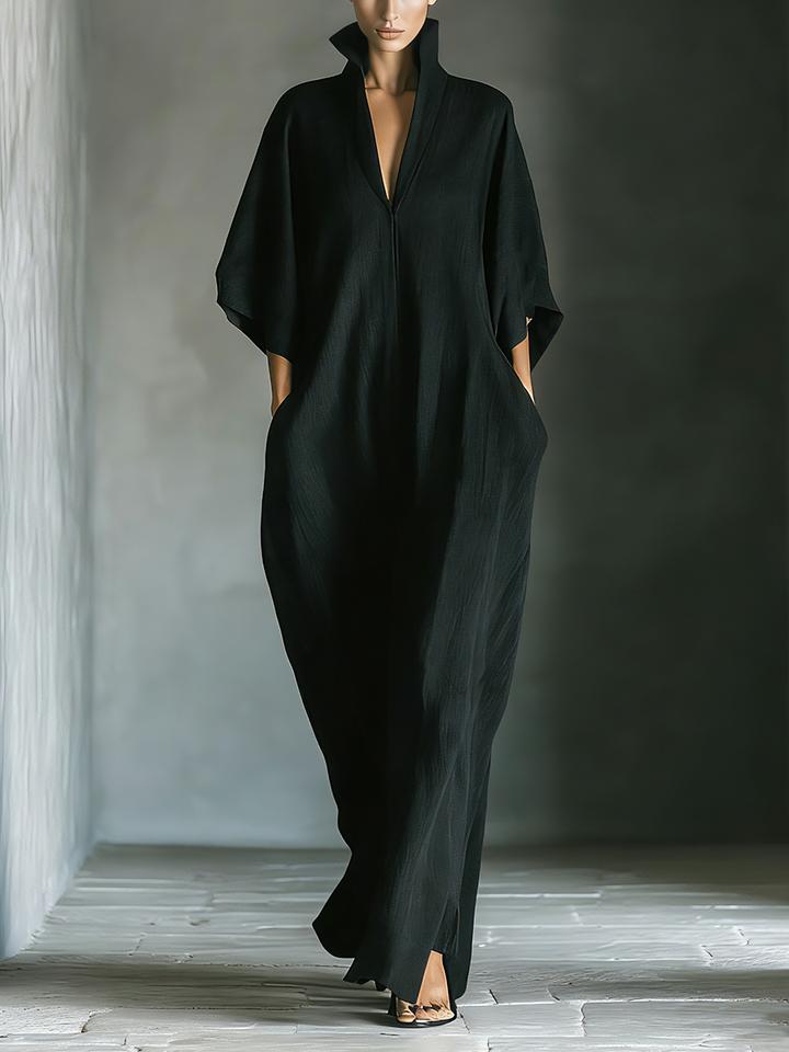 Black Maxi Dress with Pockets and Kimono Sleeves