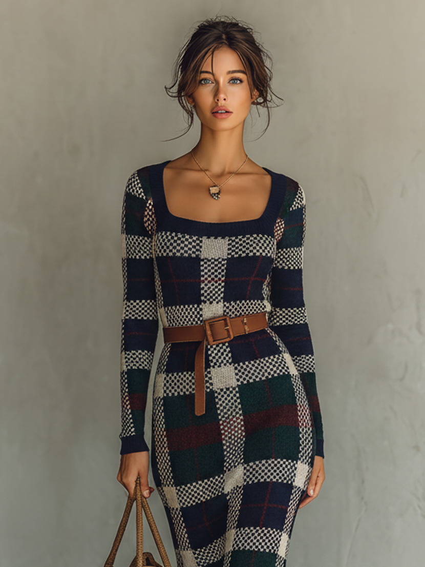 Square Neck Belted Maxi Dress with Long Sleeves