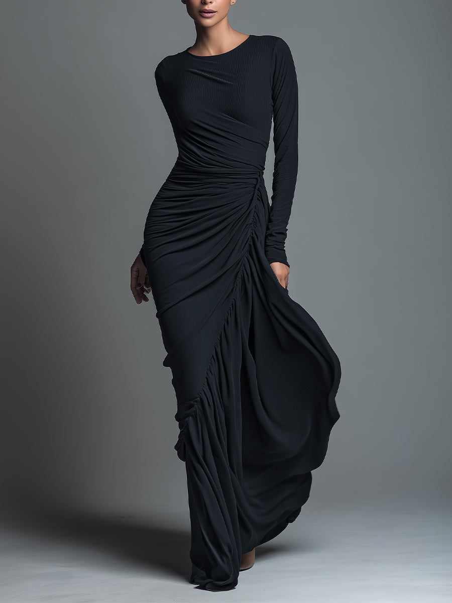 Black Maxi Dress with Ruched Detailing - Long Sleeve Jersey Knit