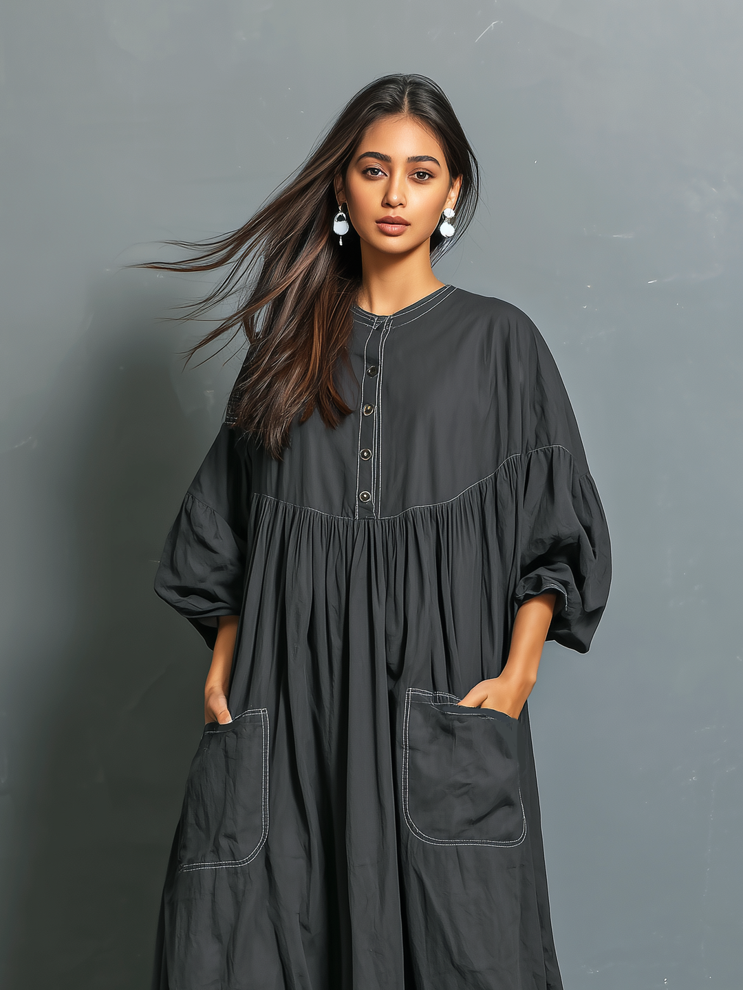 Maxi Dress for Women - Loose Fit Dark Gray Long Sleeve