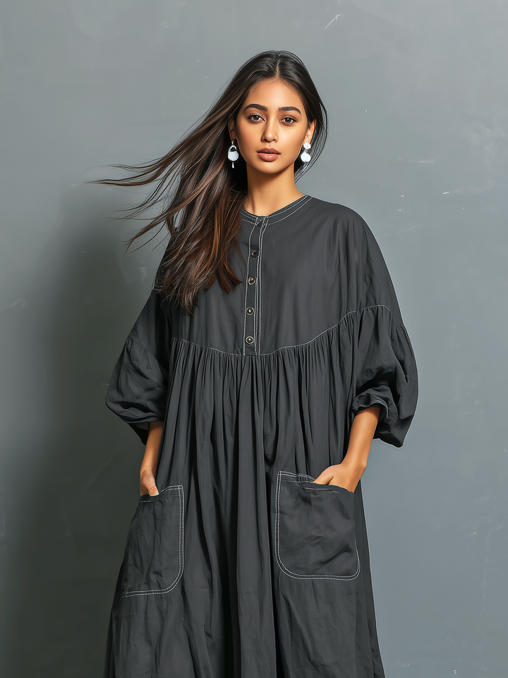 Maxi Dress for Women - Loose Fit Dark Gray Long Sleeve