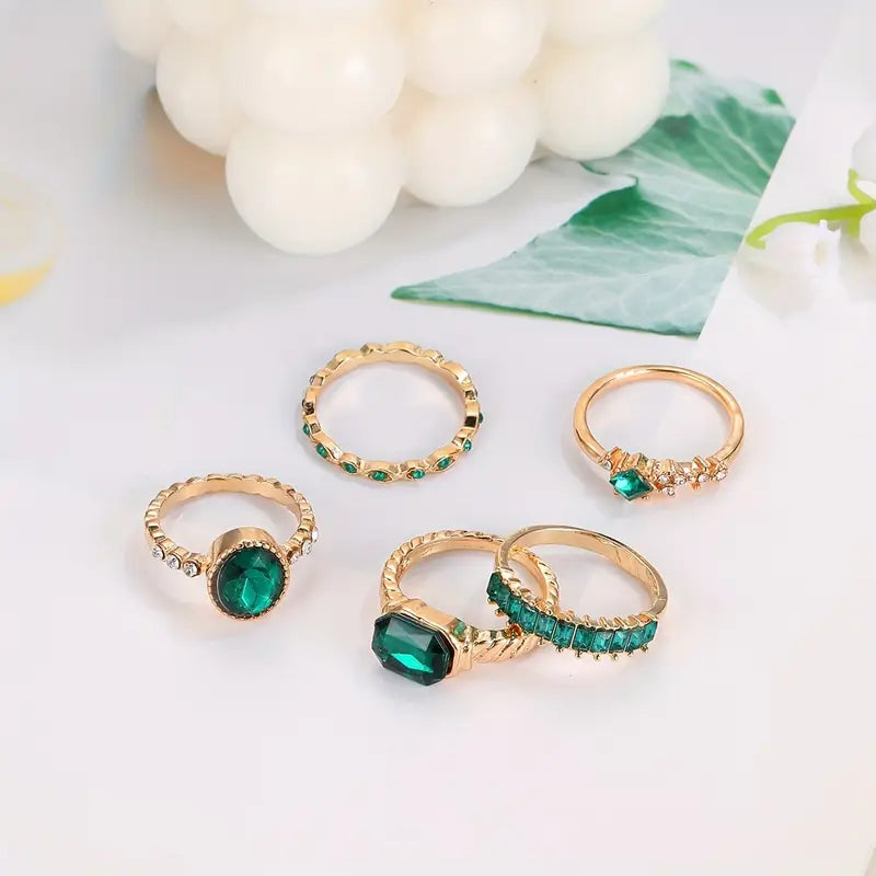 Emerald Ring Set Gold Plated Statement Jewelry for Women