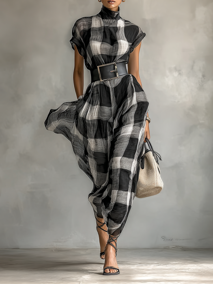 Plaid Maxi Dress with Belt for Women - High Collar Cotton Blend
