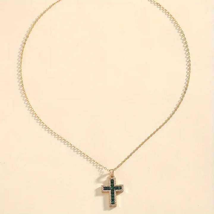 Emerald Cross Pendant Necklace in Gold | Dainty Layering Necklace