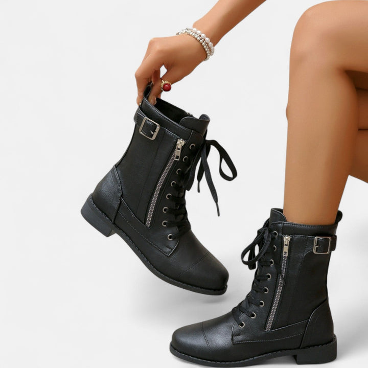 Lace-Up Ankle Boots for Women - Vintage Leather Combat Style
