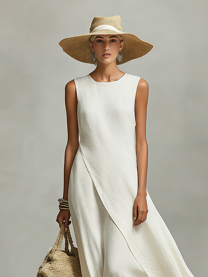 Linen Maxi Dress Women Sleeveless Ivory Asymmetric Hem