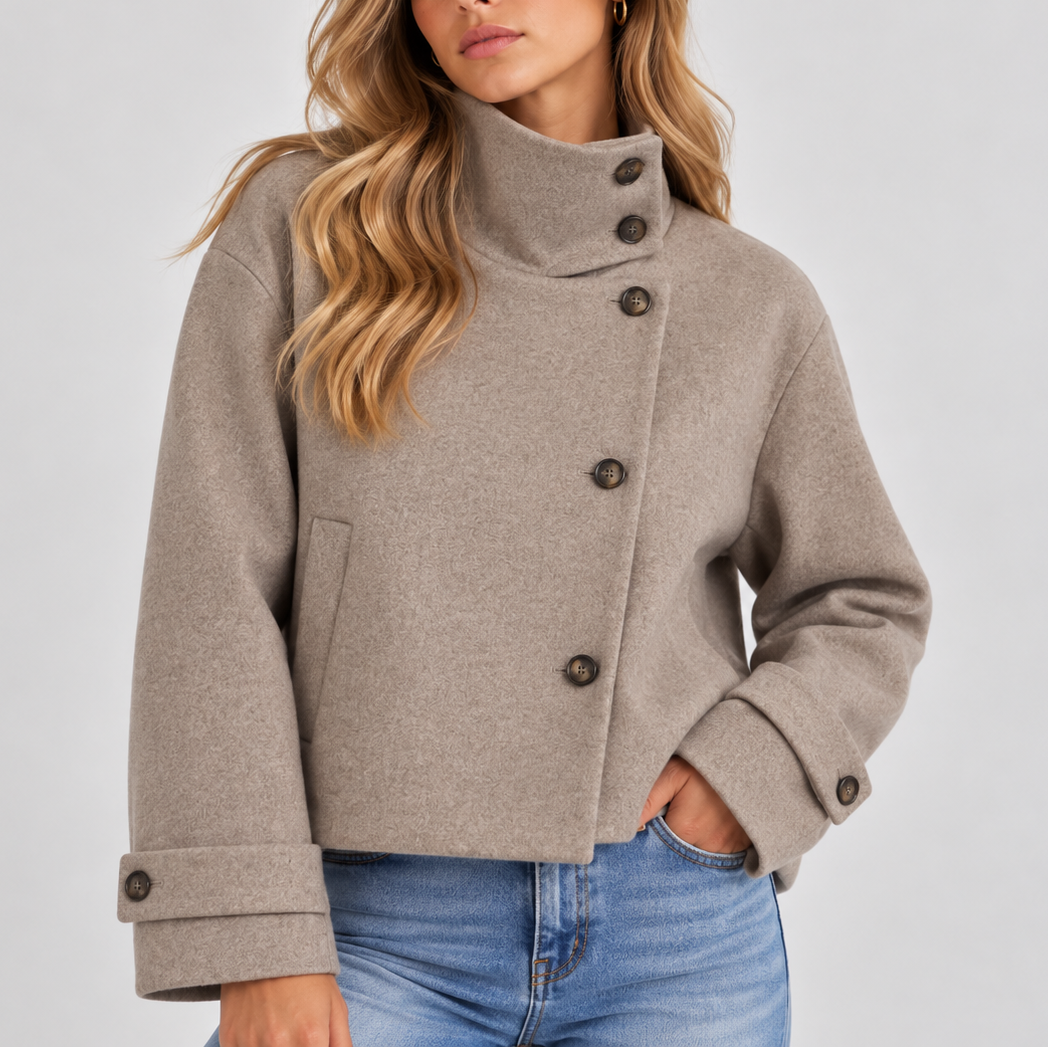 Women's High Neck Cropped Jacket with Button Front