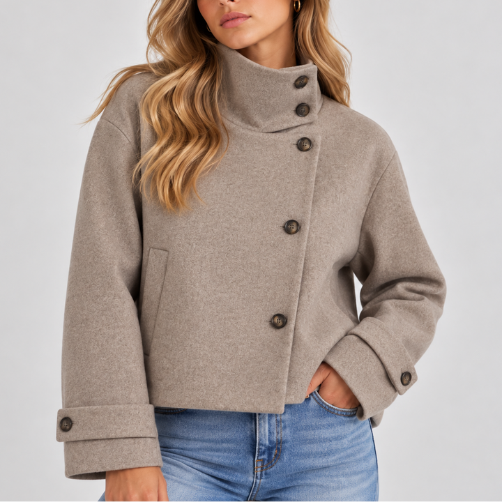 Women's High Neck Cropped Jacket with Button Front