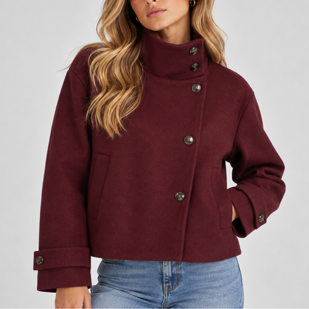 Women's High Neck Cropped Jacket with Button Front