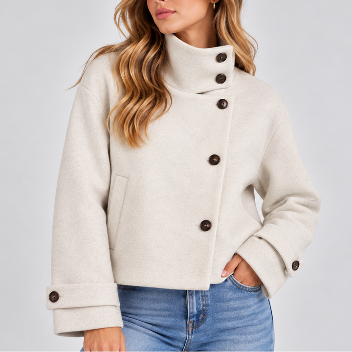 Women's High Neck Cropped Jacket with Button Front