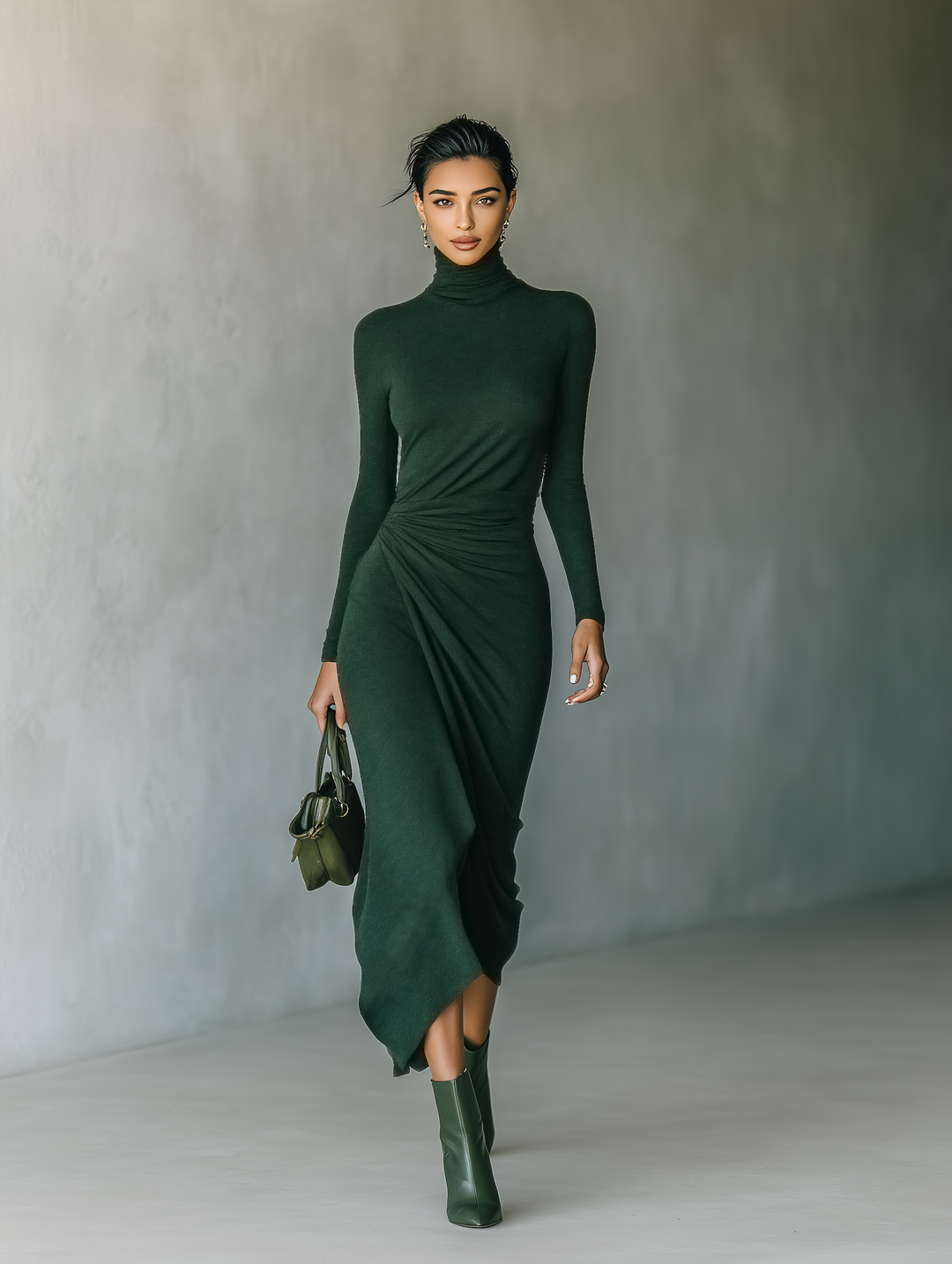 Knit Wrap Midi Dress - High Neck Long Sleeve Bodycon