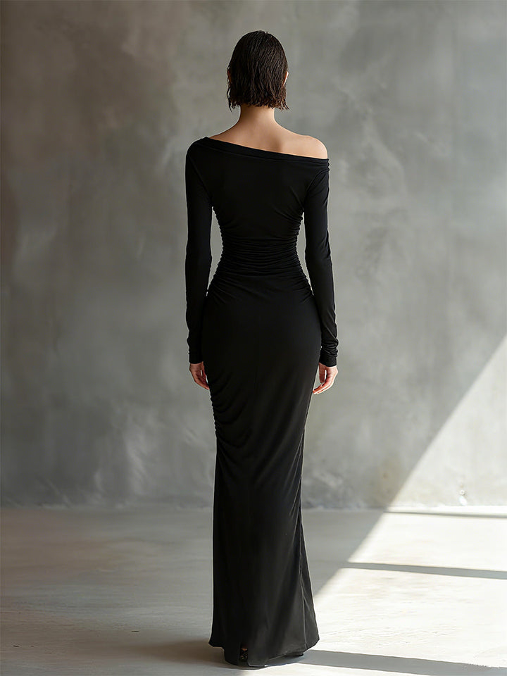 Black Off Shoulder Maxi Dress with Ruched Detailing and Slit