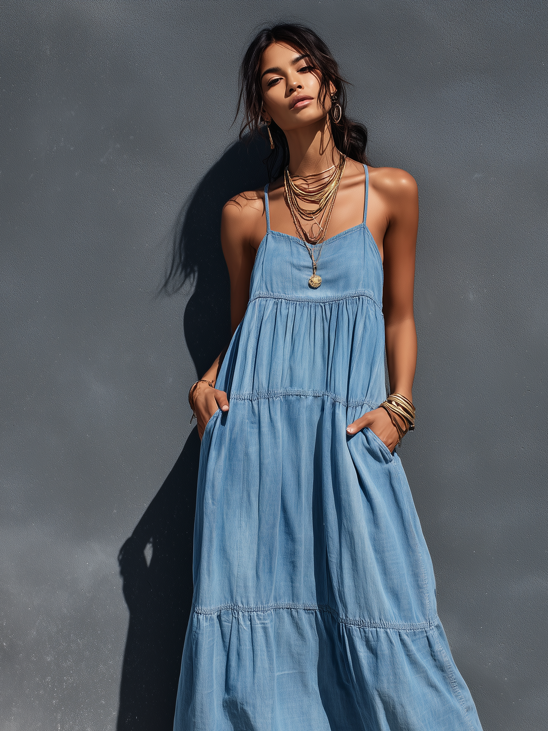 Denim Maxi Dress with Adjustable Suspenders - Casual Blue