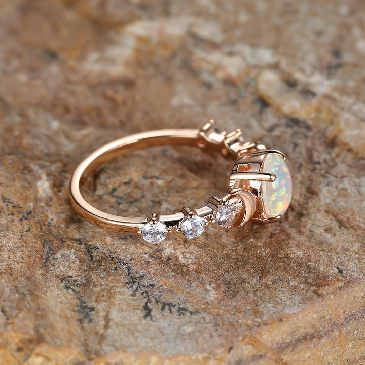 Crescent Moon Ring in Rose Gold - Opal Stone Statement Ring