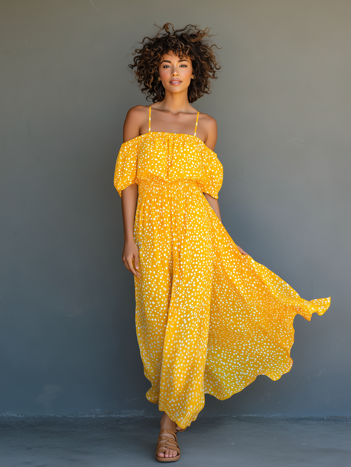 Yellow Chiffon Maxi Dress with Sleeves - Flowy Summer Dress