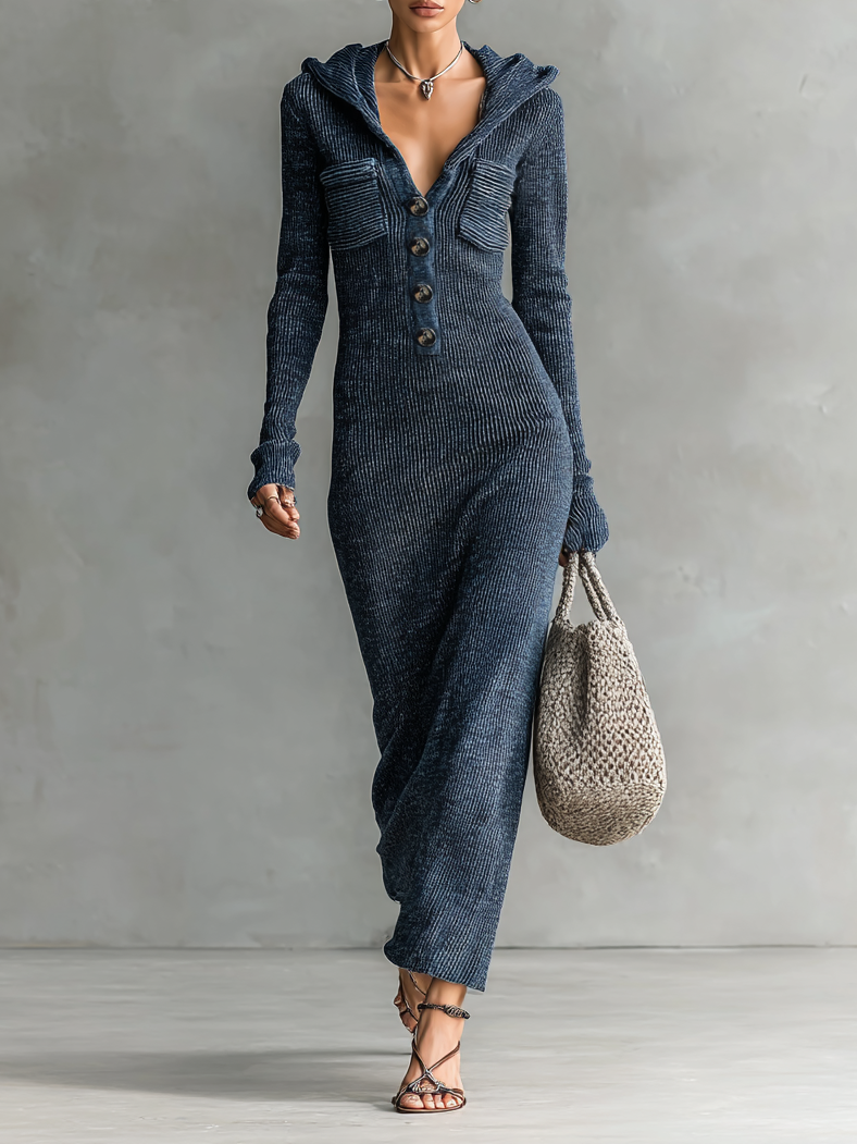 Hooded Knit Maxi Dress - Casual Long Sleeve Sweater Dress