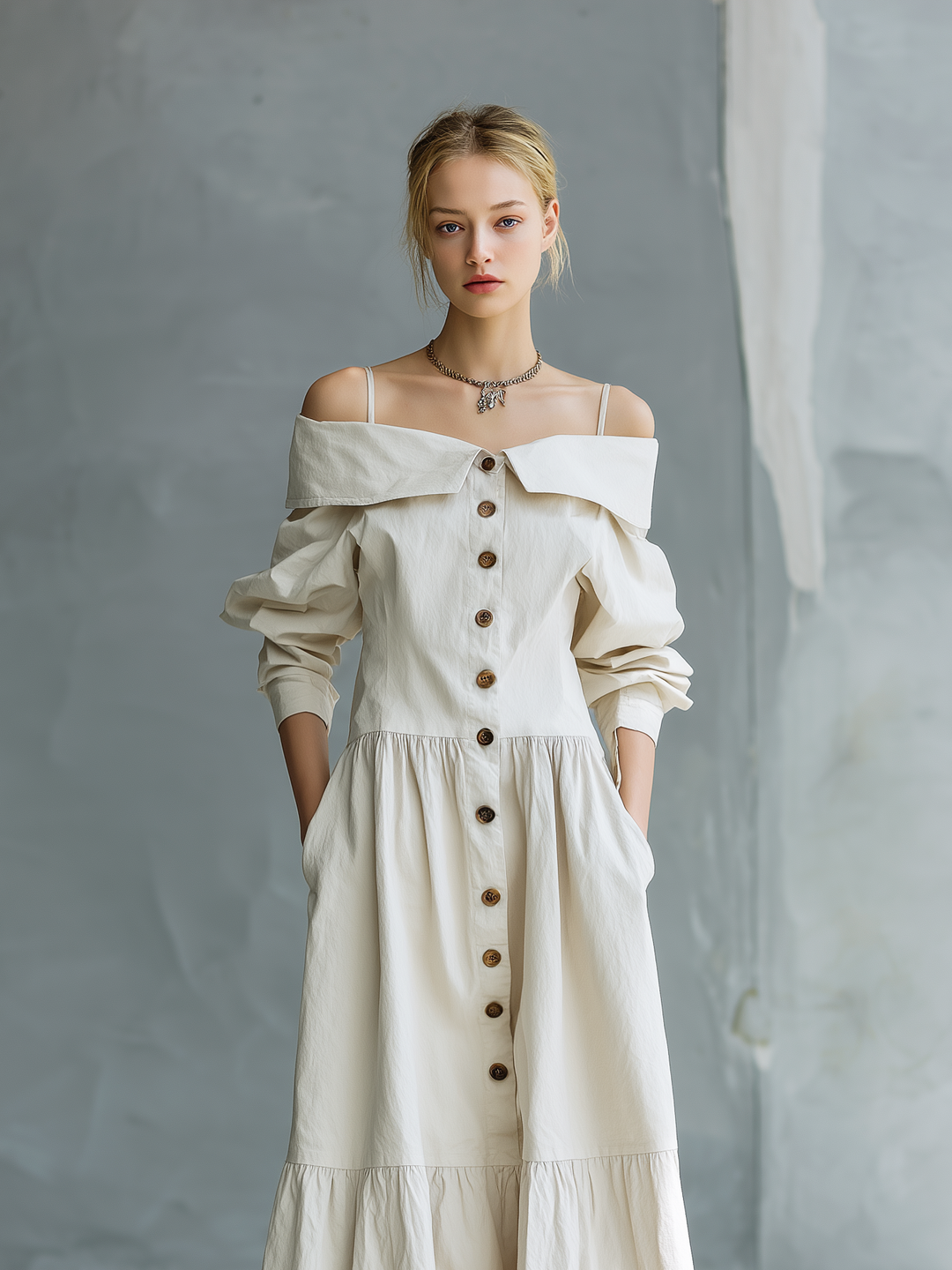 White Off Shoulder Camisole Dress with Long Sleeves