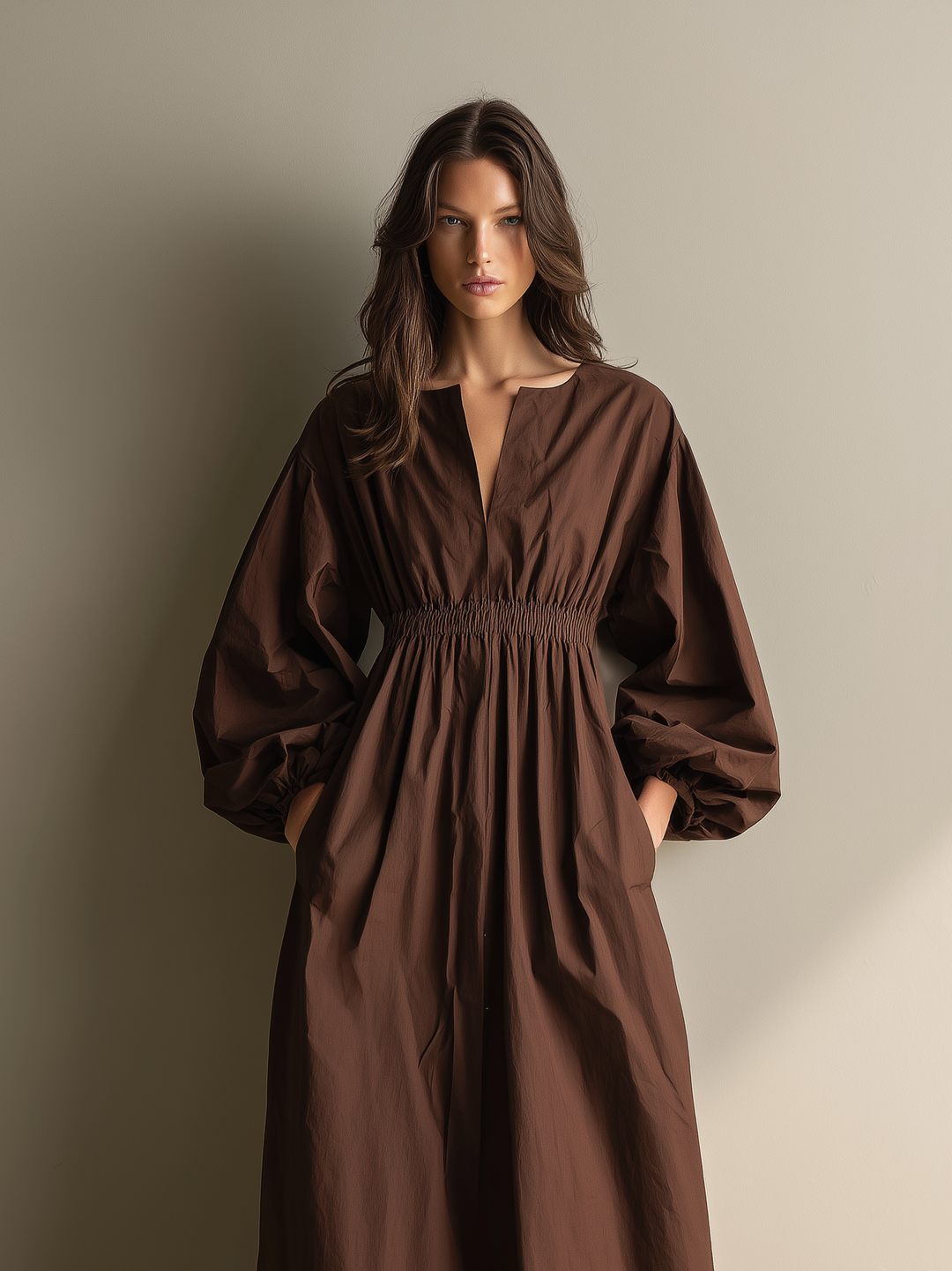 Cotton Linen Maxi Dress with V-Neck and Long Sleeves