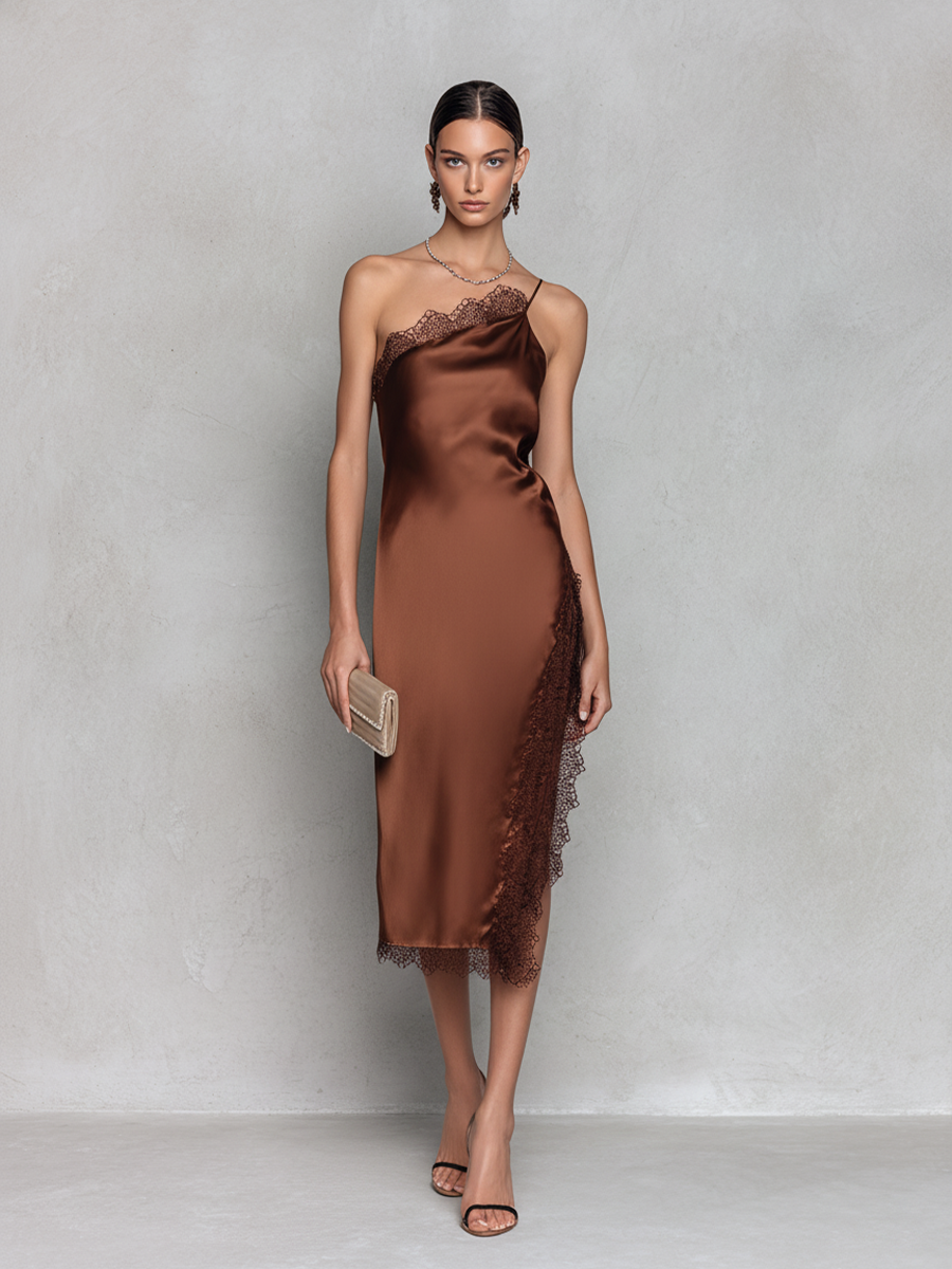 One Shoulder Satin Midi Dress with Lace Trim for Women