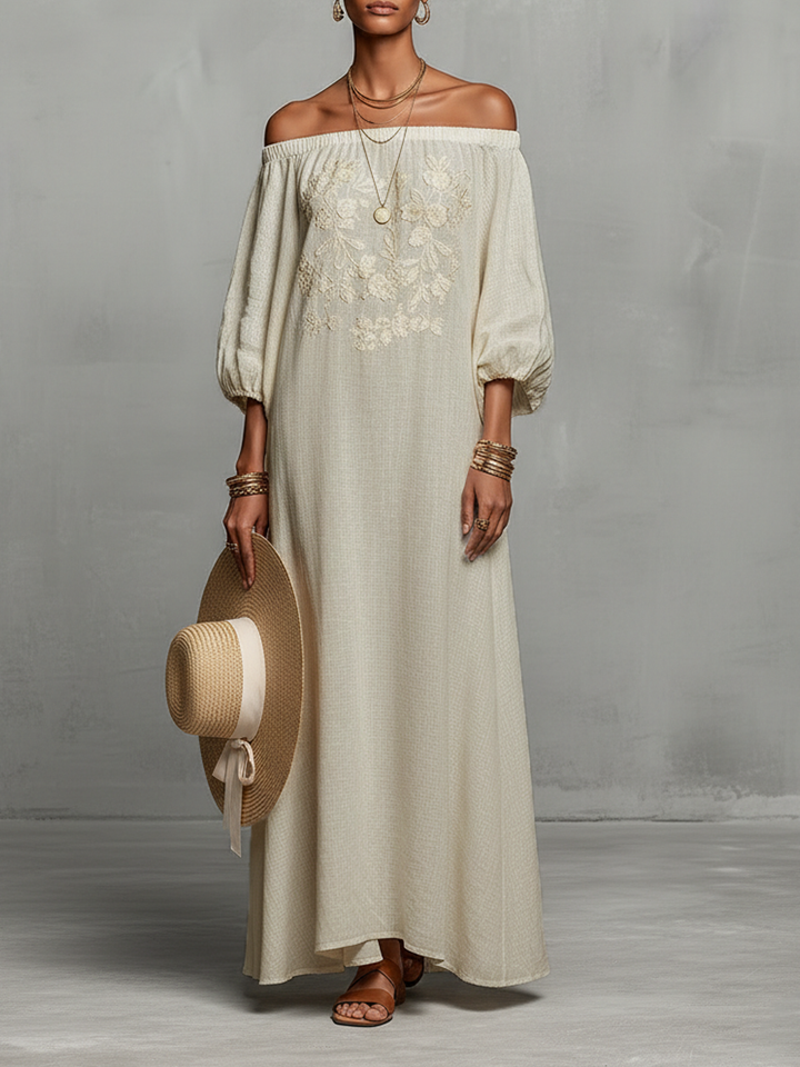 Off Shoulder Maxi Dress with Embroidery and Three Quarter Sleeves