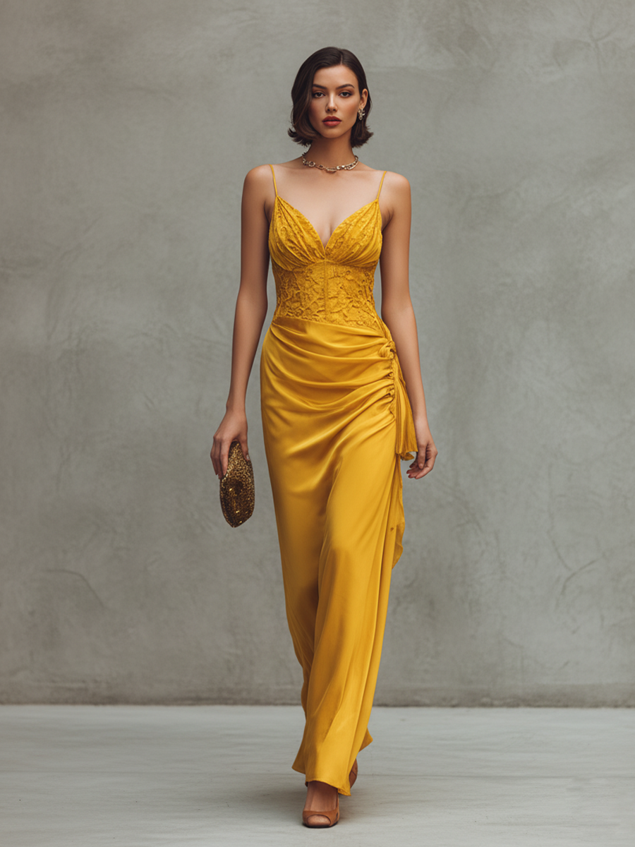 Lace Bodice Maxi Dress with Satin Skirt for Wedding Guest