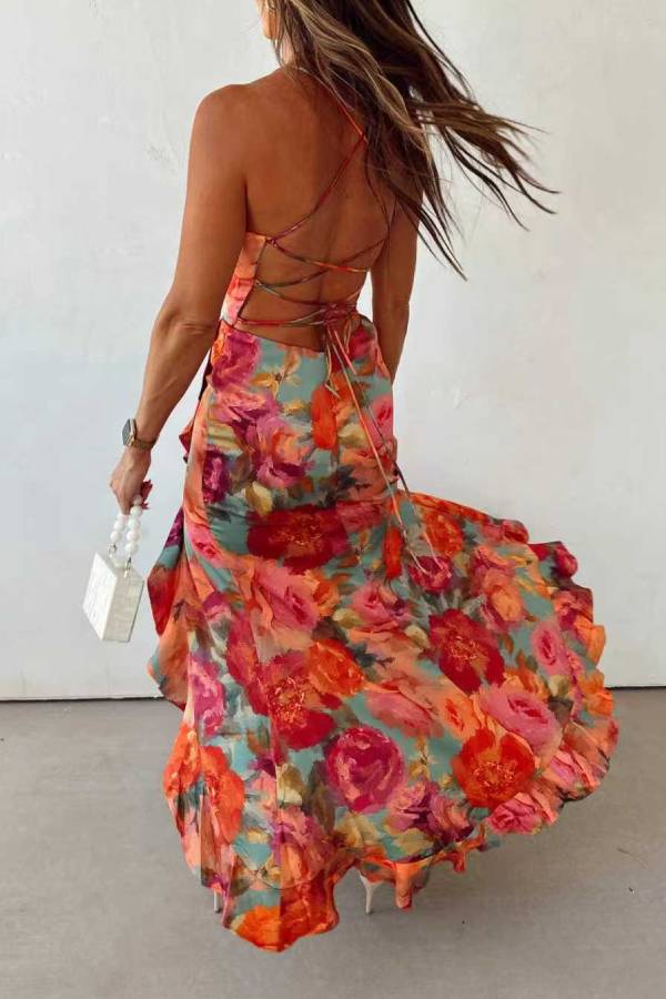 Floral Satin Maxi Dress with Backless Detail for Women