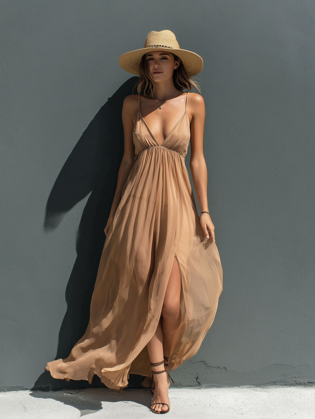 Khaki Chiffon Maxi Dress with V-Neck for Women