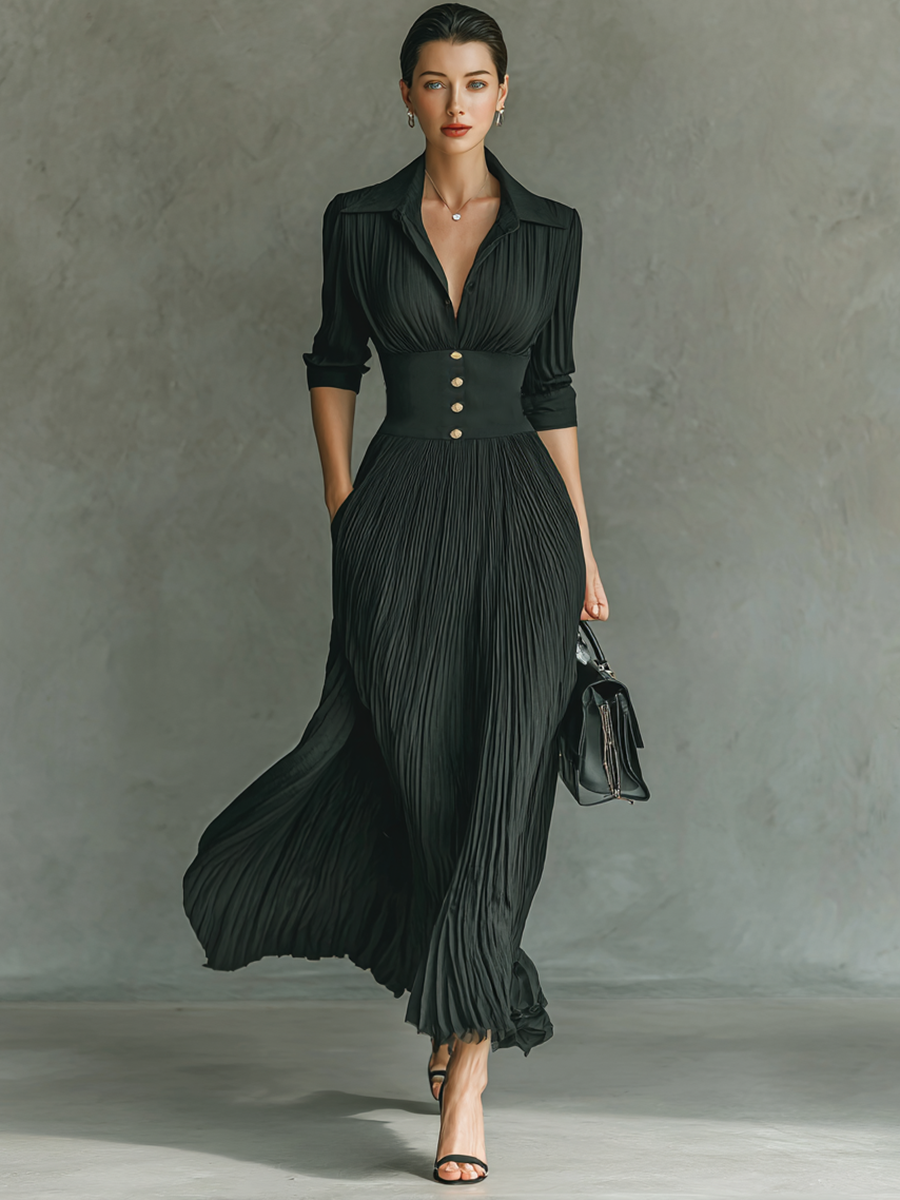 Belted Maxi Dress Long Sleeve with Pleated Skirt and Lapel Collar