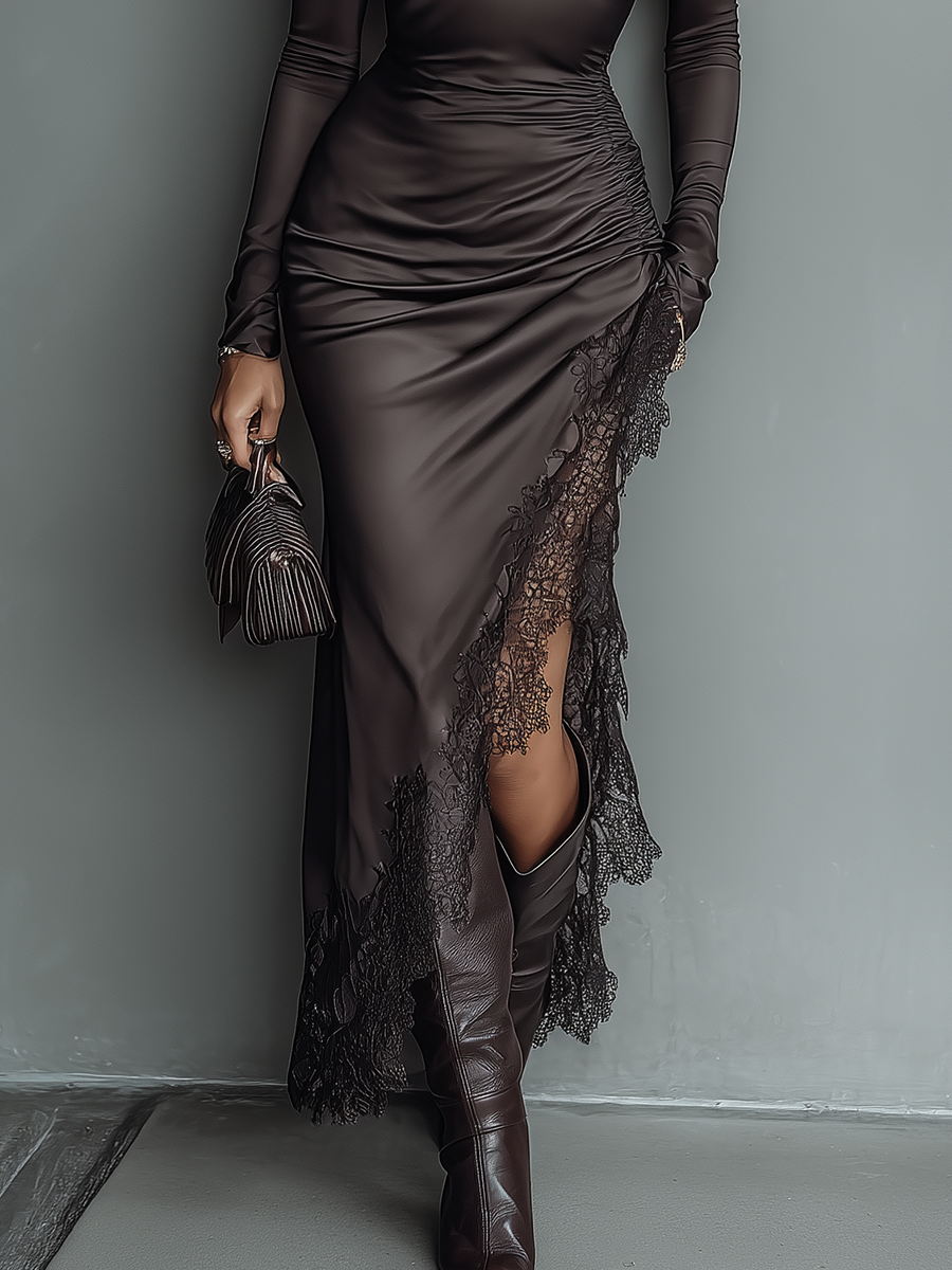 Elegant Maxi Dress with Lace Trim and Irregular Hem