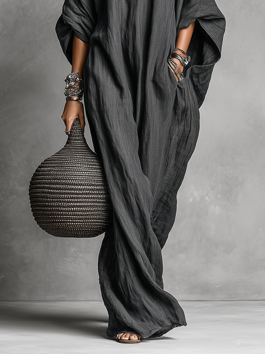 Linen Maxi Dress with Batwing Sleeves for Women
