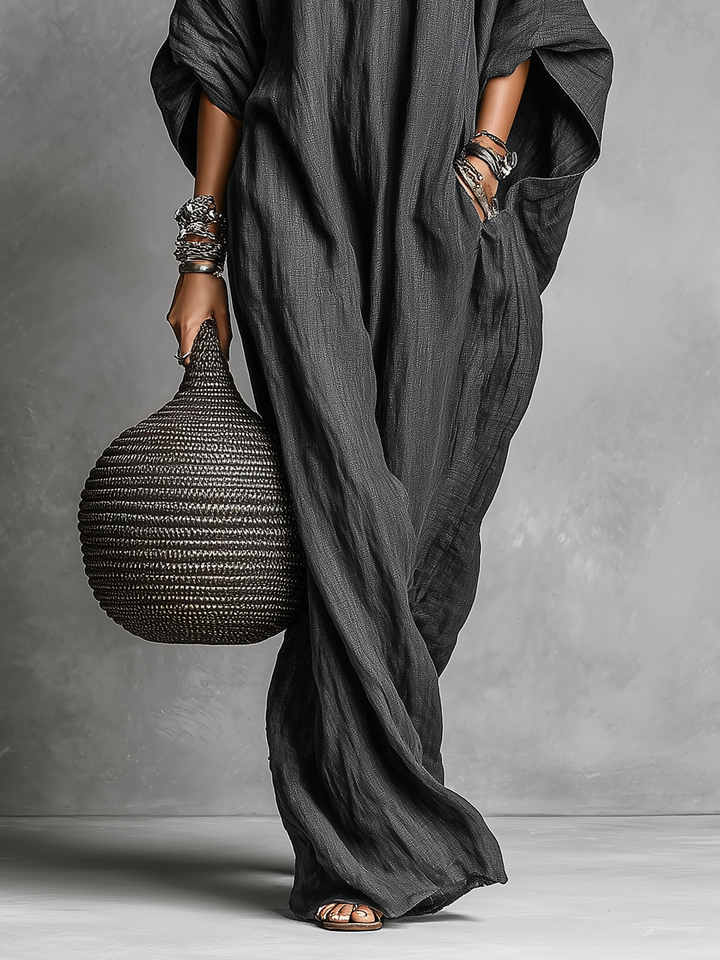 Linen Maxi Dress with Batwing Sleeves for Women