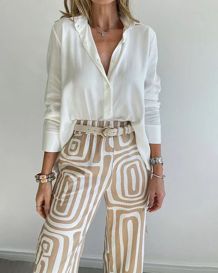 Two Piece Set for Women with Belt - Geometric Print Outfit